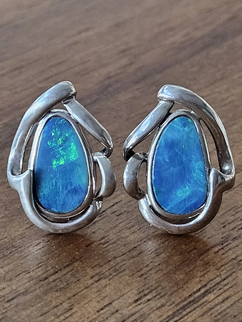 Designer Australian Black Opal Teardrop Sterling Silver Omega Back Earrings 1